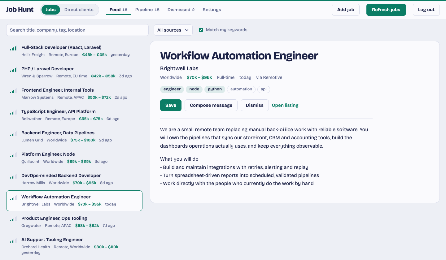 Job Hunt feed: a list of listings with match strength on the left and the selected listing's details on the right