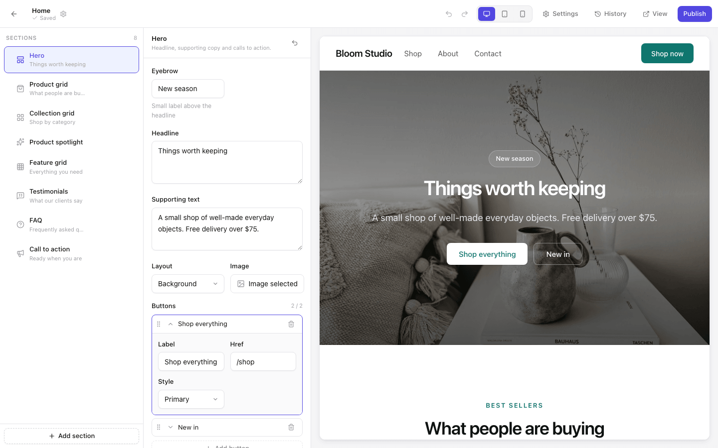Webeditor page editor: a list of sections on the left, the selected hero section's fields in the middle and a live preview of the page on the right